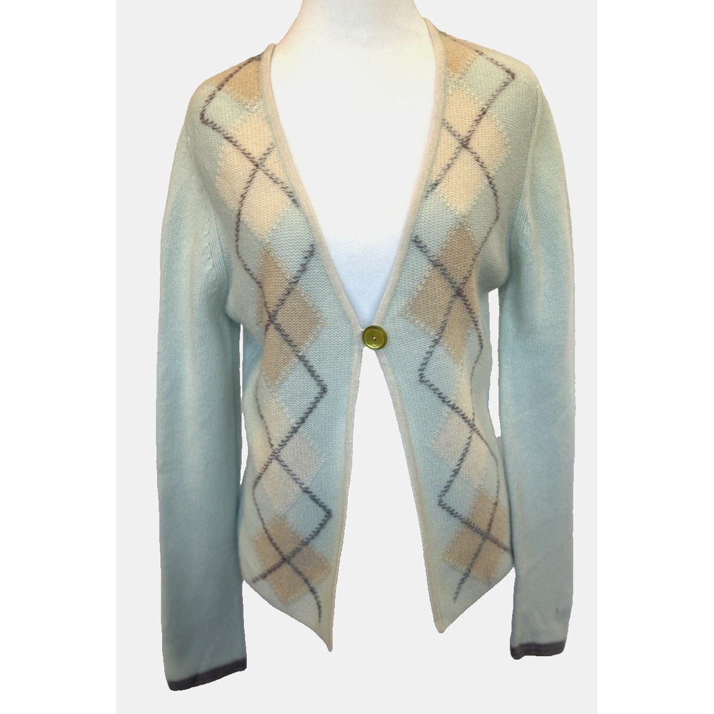 Holly Adam Womens 100% Cashmere Cardigan Sweater Argyle Size M Scotland Luxury